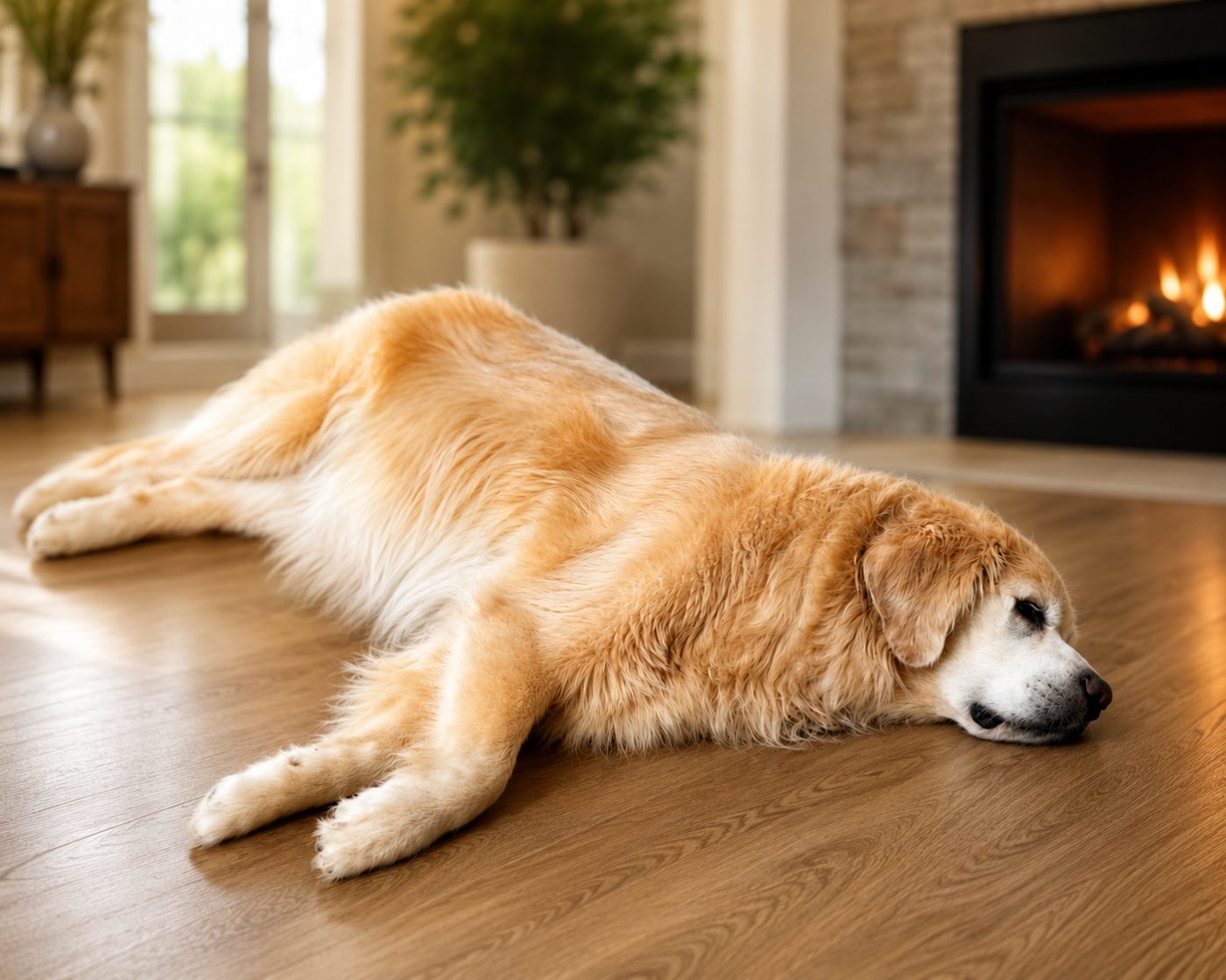 Chauncey, a golden retriever, resting on white oak floors by the fireplace